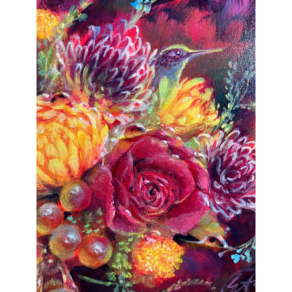 hummingbird Original Floral Painting bumblebees Bouquet Roses Signed Artettina - Picture 6 of 8